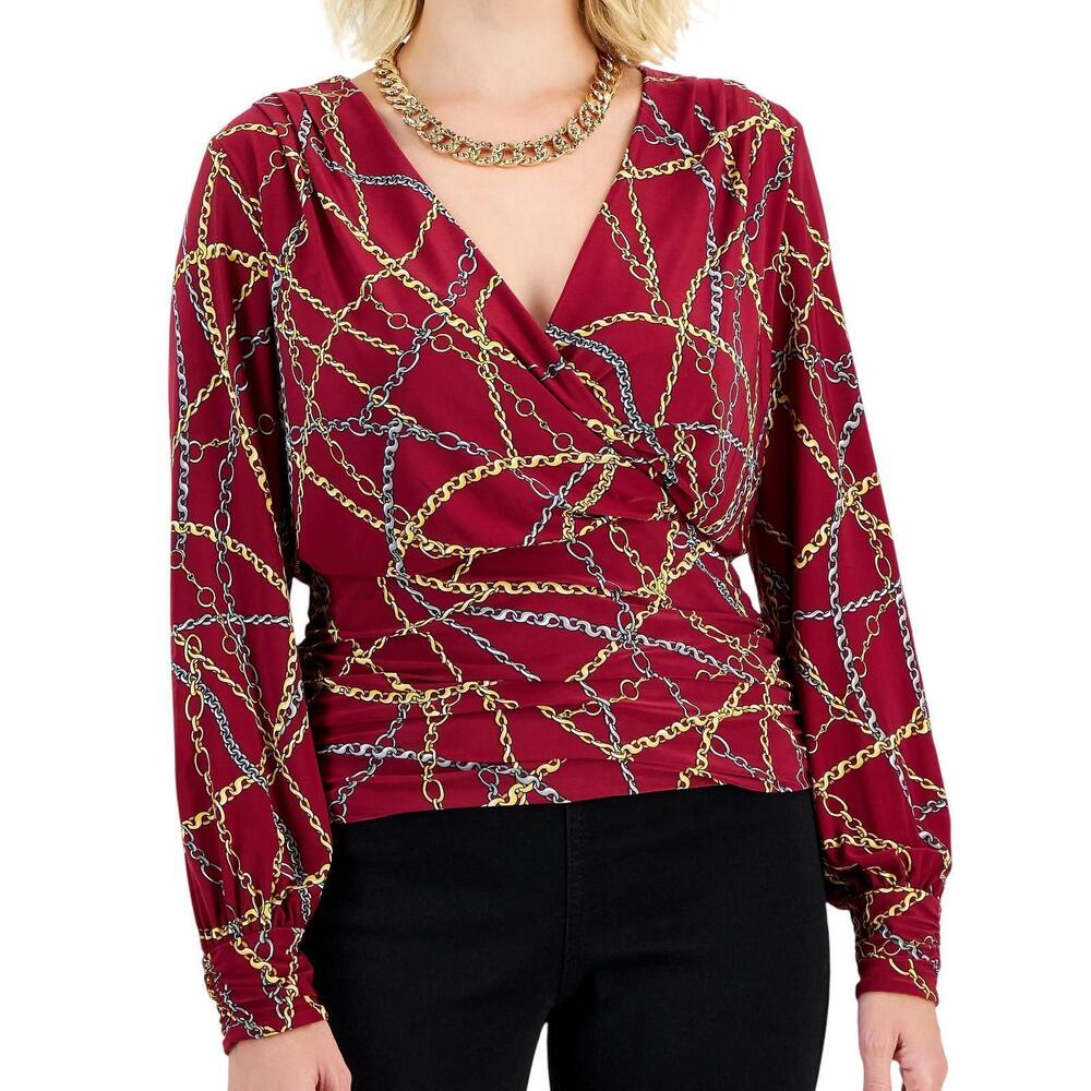 INC International Concepts Top XL Red Chain Print Surplice V-Neck Stretch